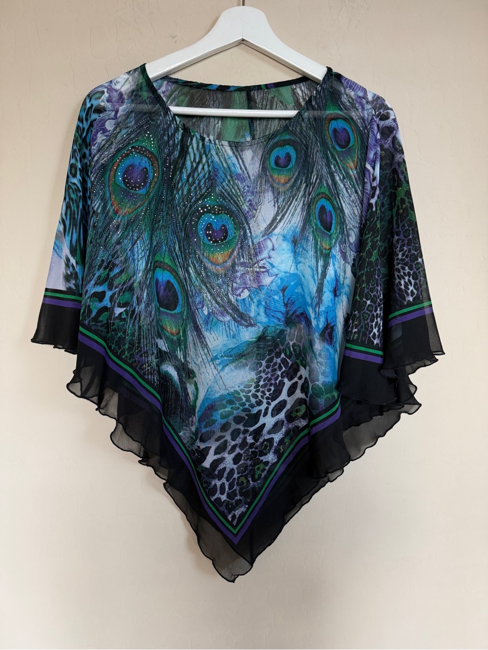 Y2k Sheer Peacock Leopard Poncho Bandana Style Top Teal Black One Size Abstract